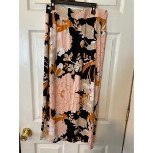 Liz Claiborne Floral Maxi Skirt Black Pink Orange Side Slit Stretch Size Small